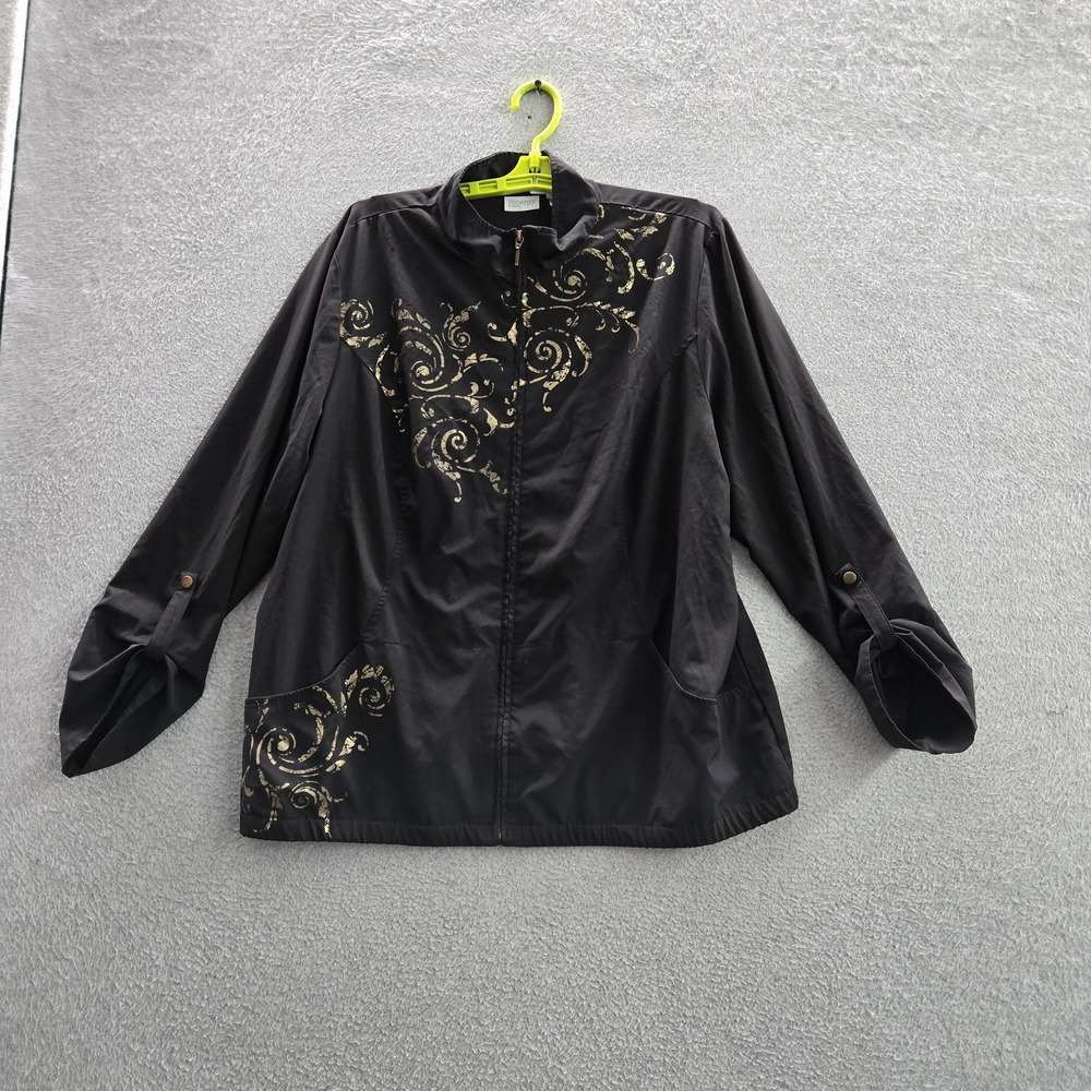 Zenergy By Chico's Women Jacket 3 Black Scroll Print‎ Roll Tab Sleeve Mock Neck